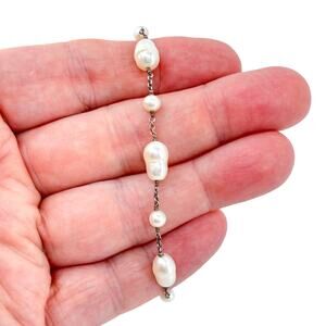 White Pearl Link Bracelet | Station Design | Vintage Sterling Silver 925 | 7.25"